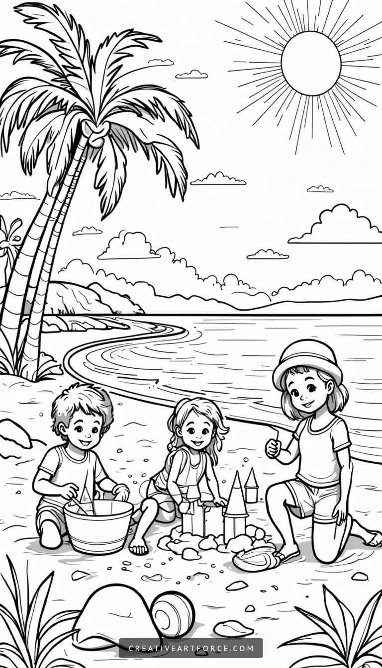 Sunny Beach Scene Coloring Page
