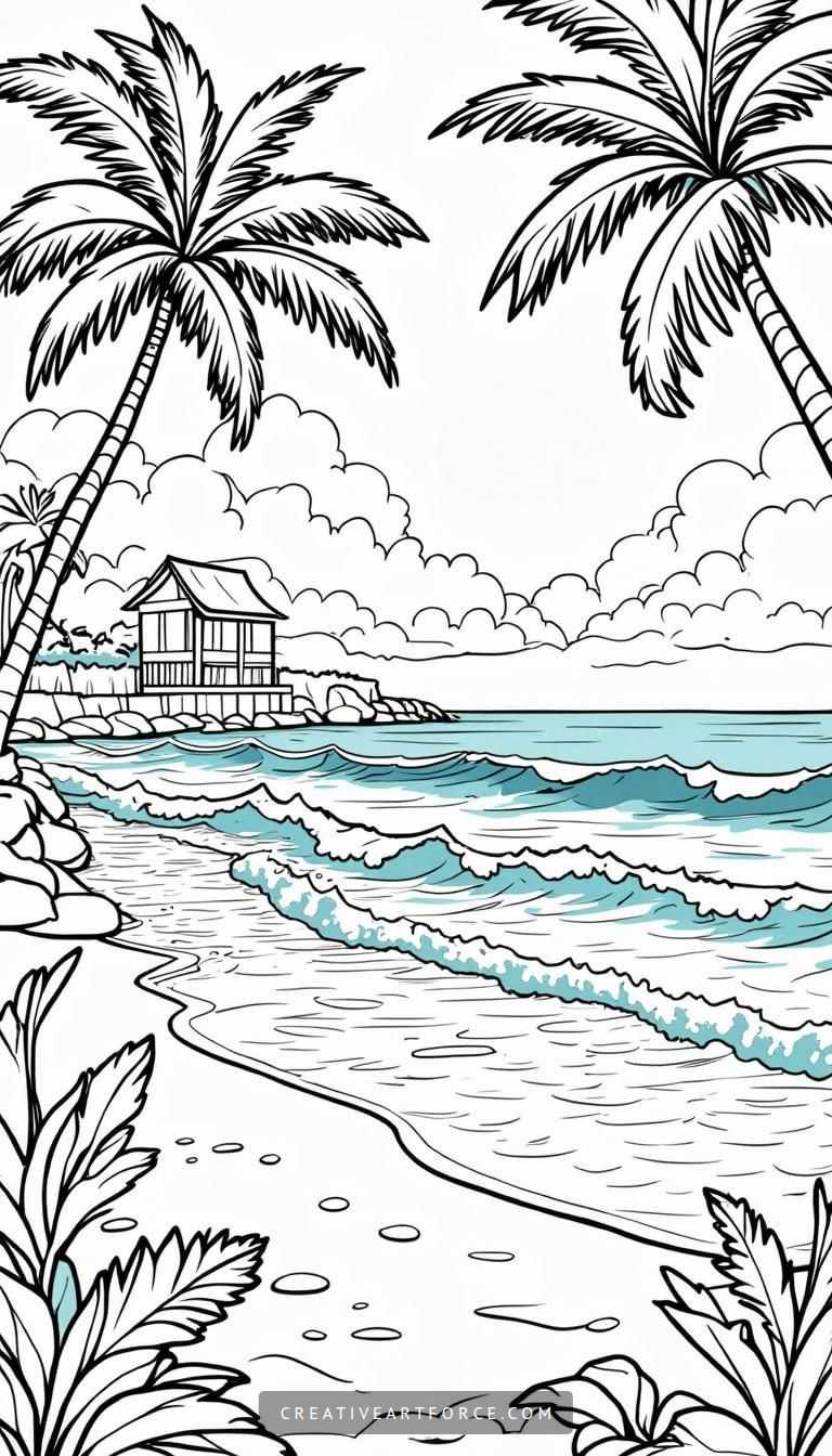 Cute Beach Scene Coloring Page