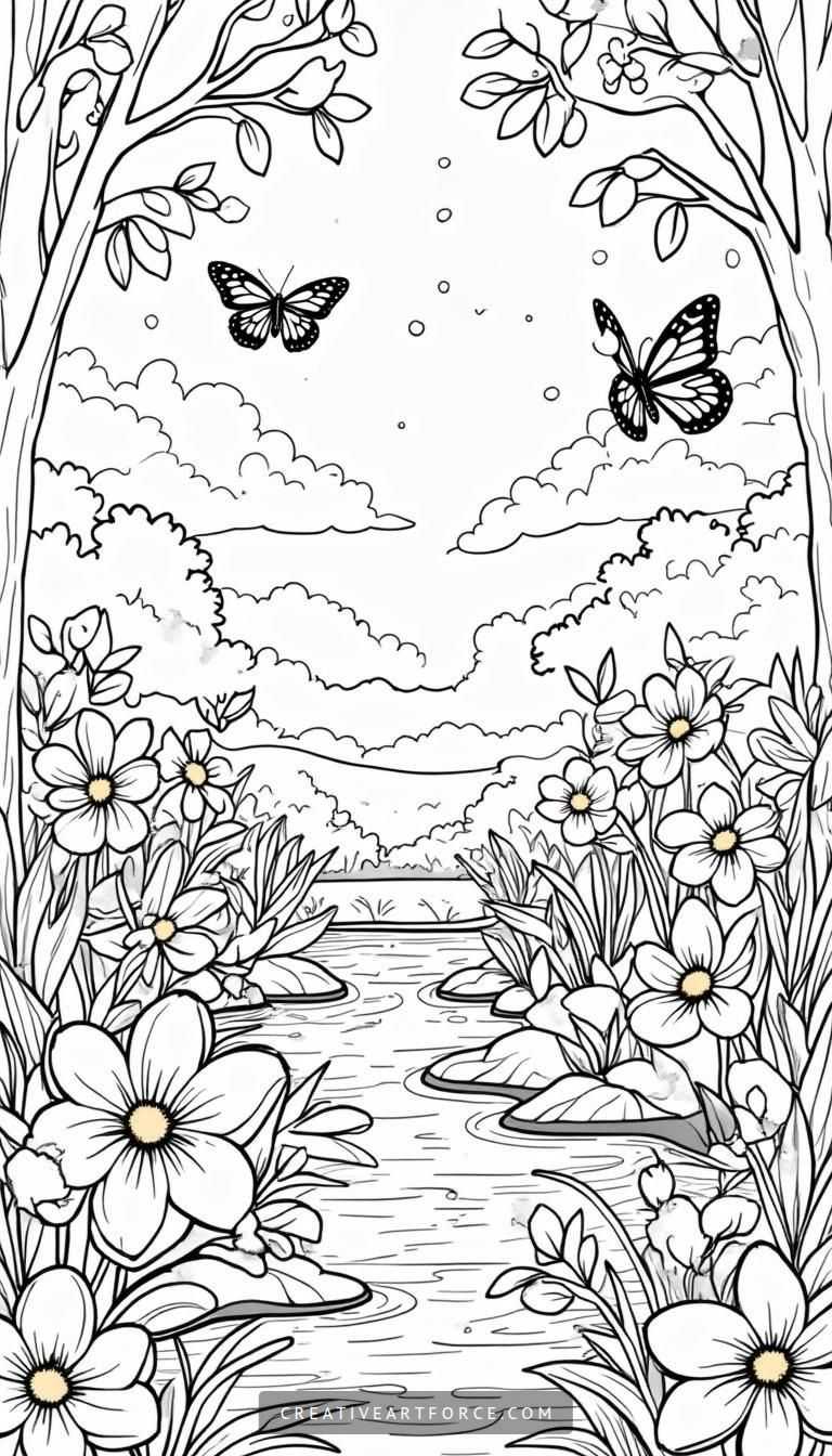 Vibrant Spring Scene Coloring Page