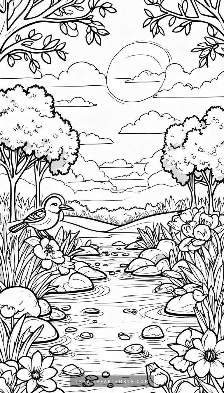 Vibrant Spring Scene Coloring Page