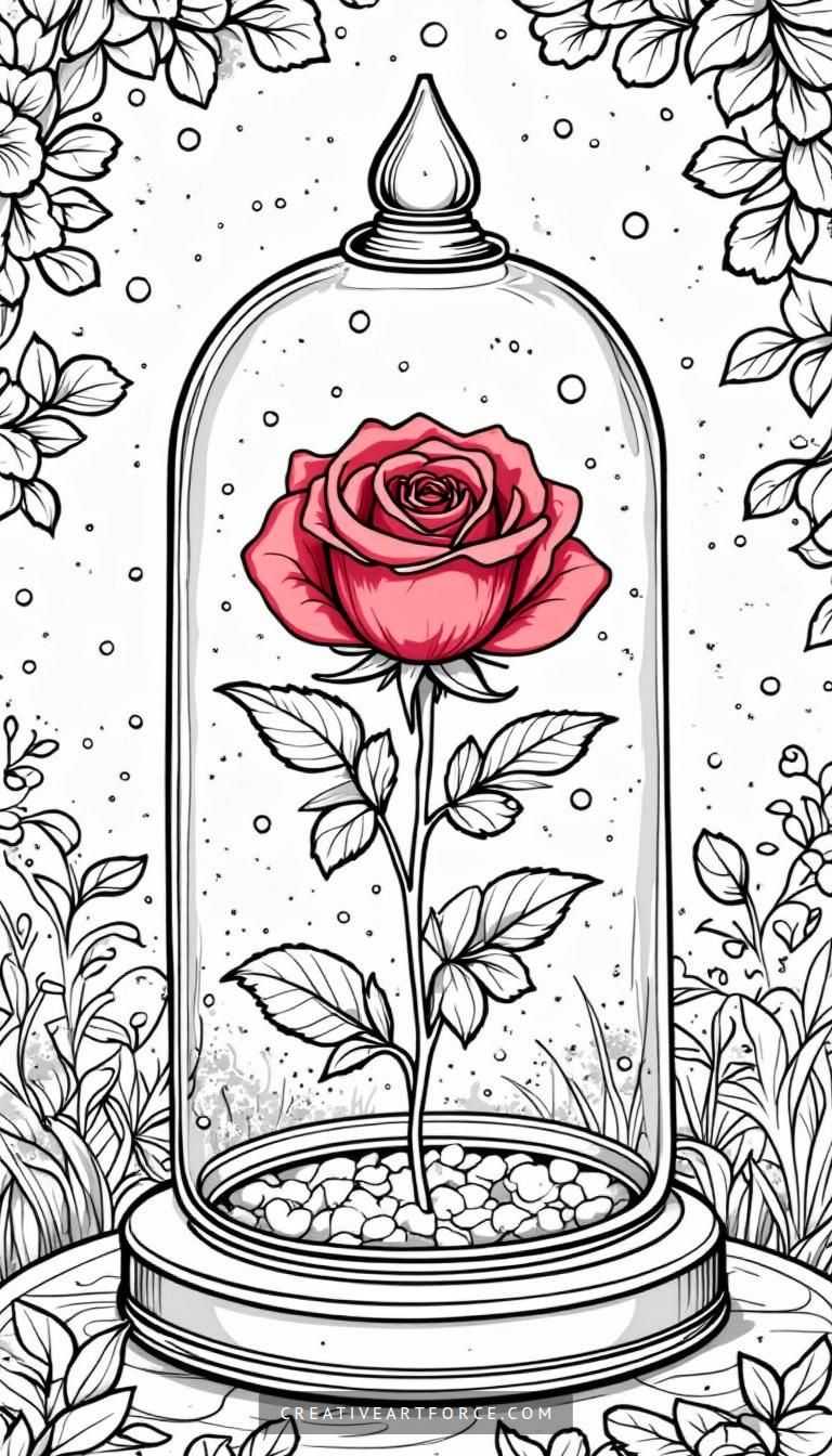 Beautiful Rose in Glass Dome Coloring Page