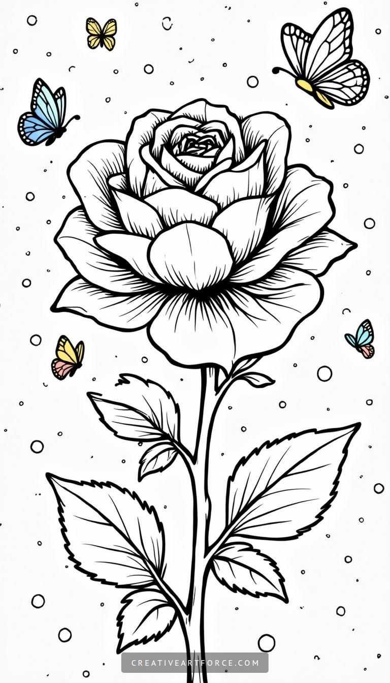 Coloring Page of Rose and Butterflies