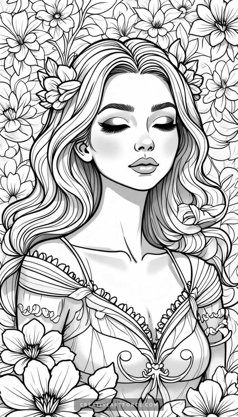 Elegant Woman in Floral Patterns Coloring Page