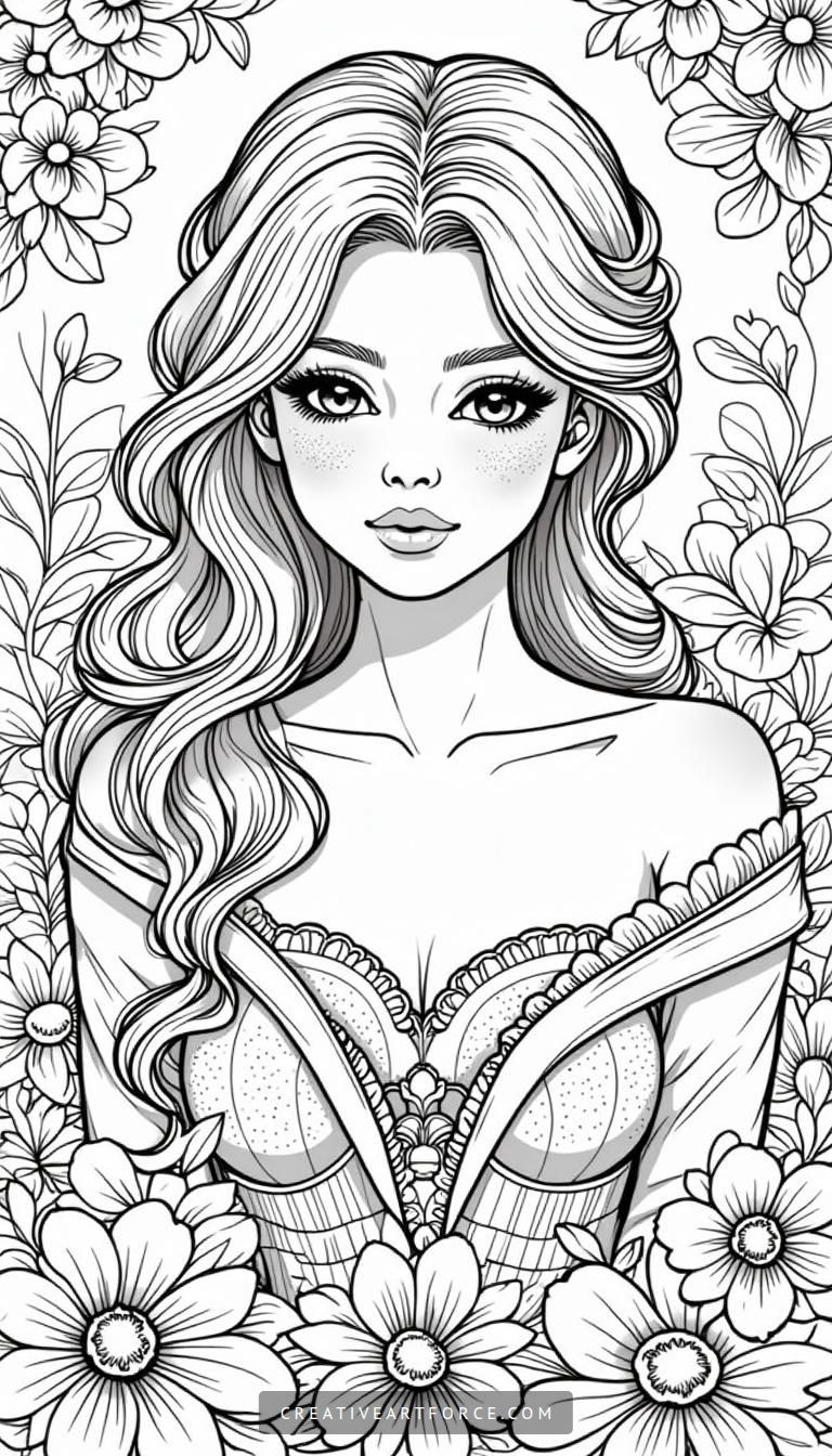 Coloring page of a serene woman with floral patterns