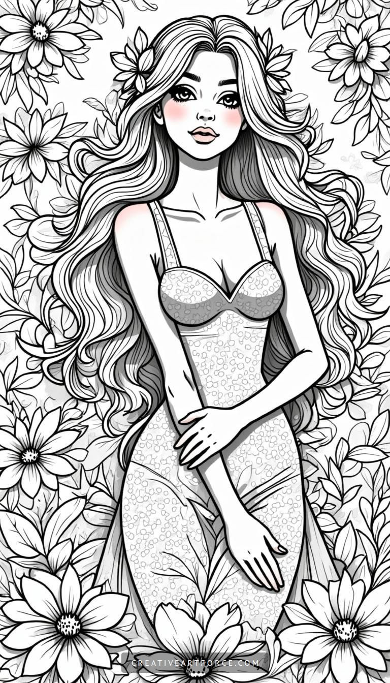 Elegant Woman Surrounded by Floral Patterns