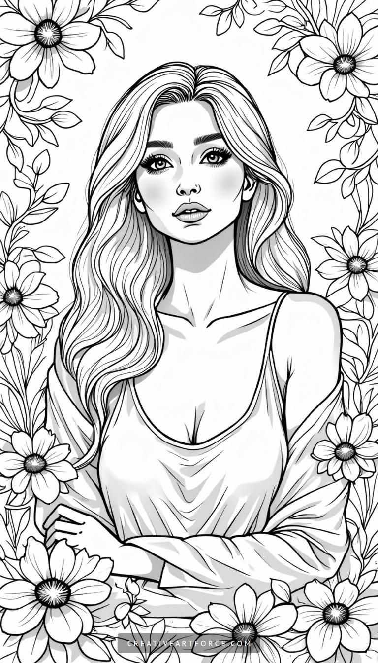 Printable Coloring Page of a Serene Woman Surrounded by Delicate Flowers