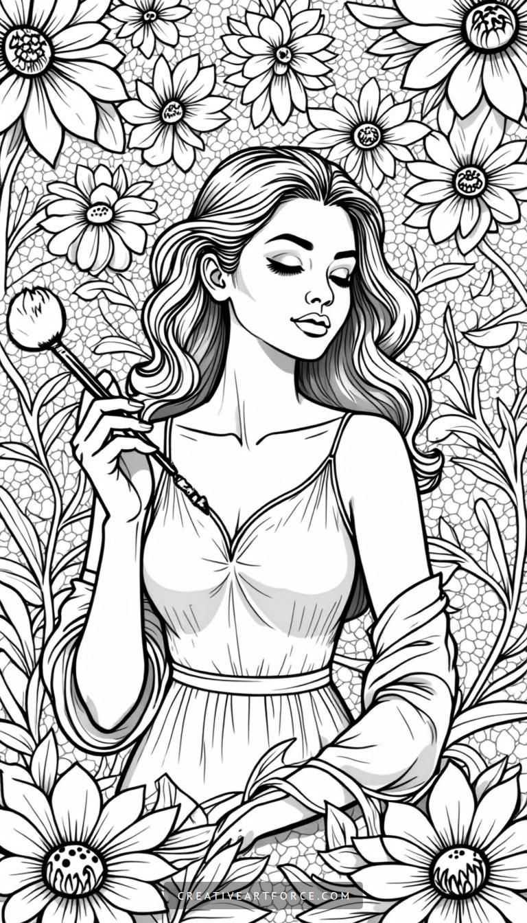 Serene Woman with Floral Patterns