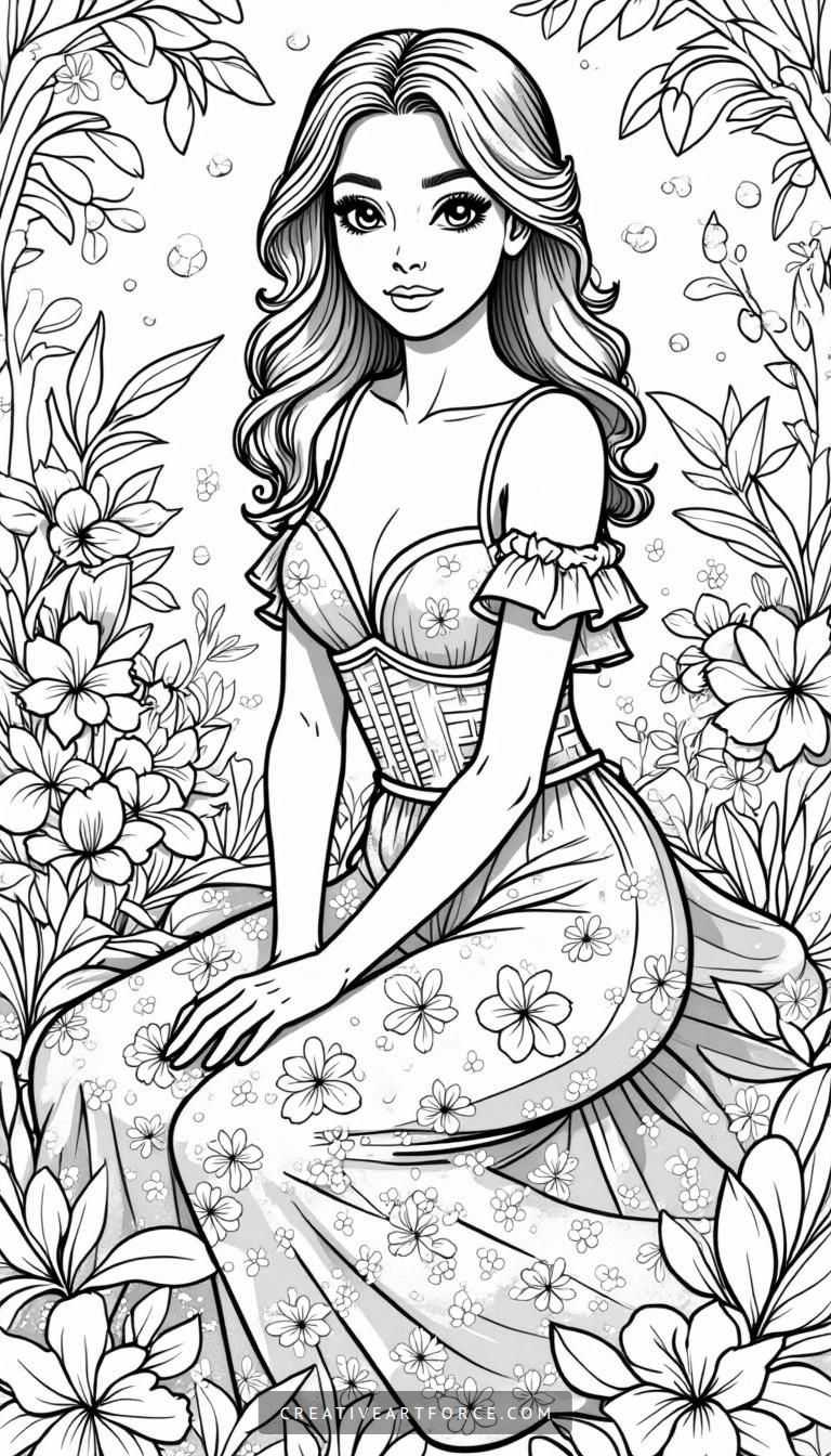 Elegant Woman in a Floral Garden Scene