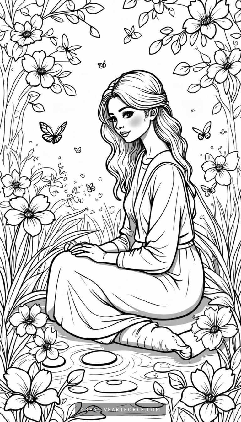 Serene Woman in a Flower Garden Coloring Page