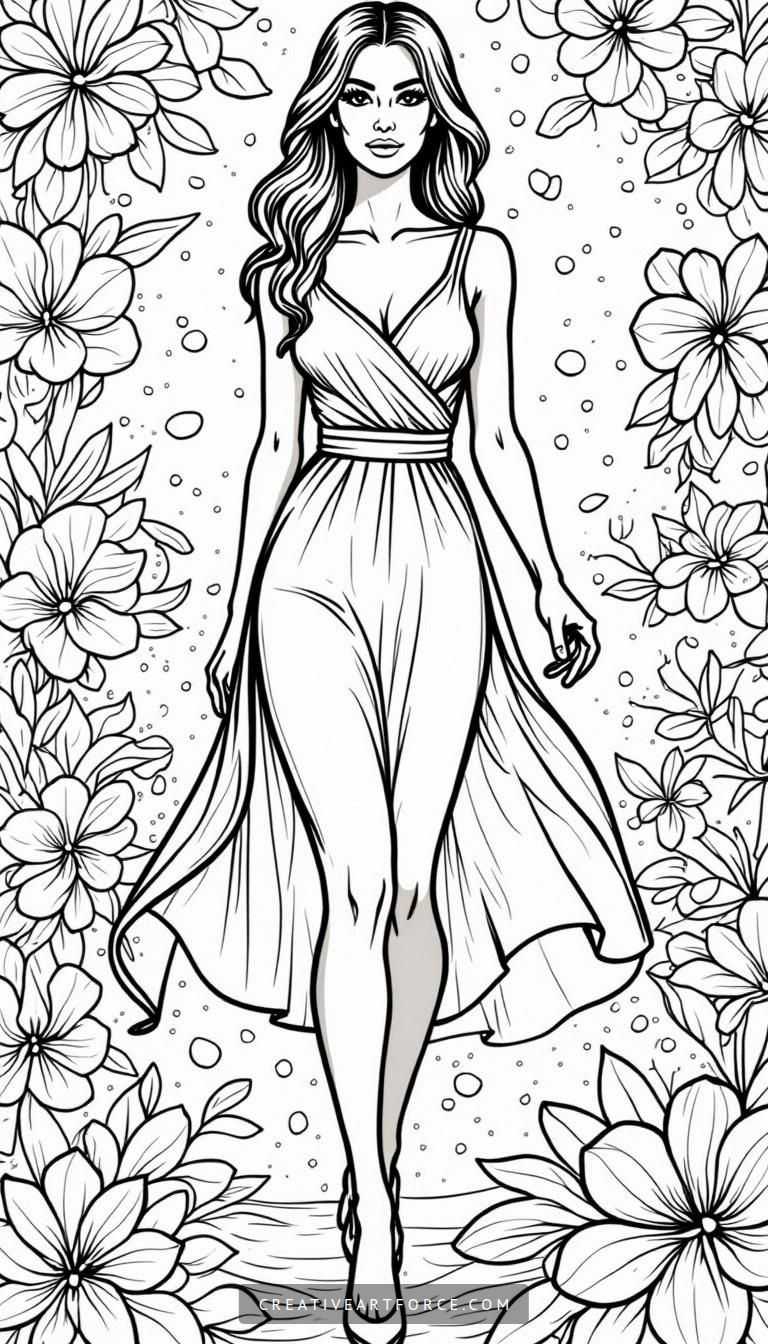 Coloring Pages of a Stylish Woman in a Whimsical Flower World