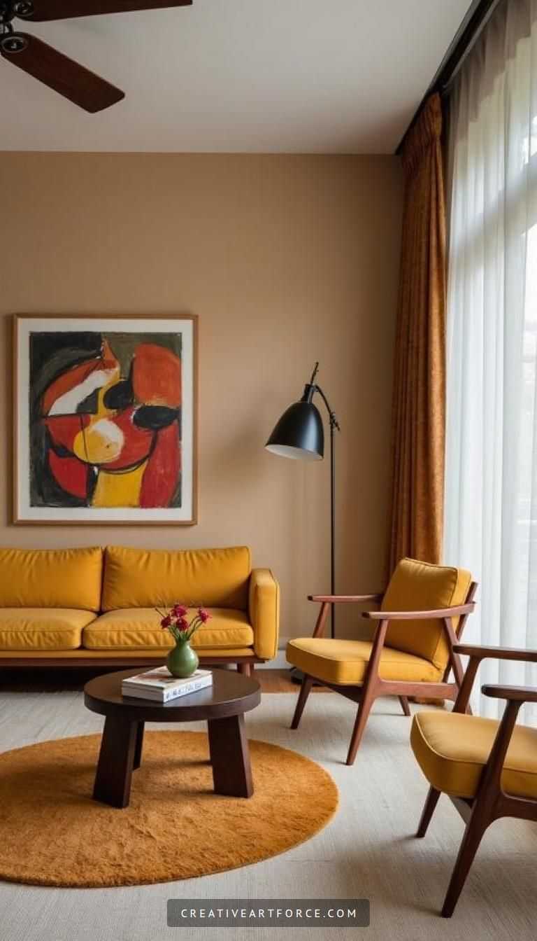 Stylish Mid-Century Modern Living Room with Mustard Yellow Accents