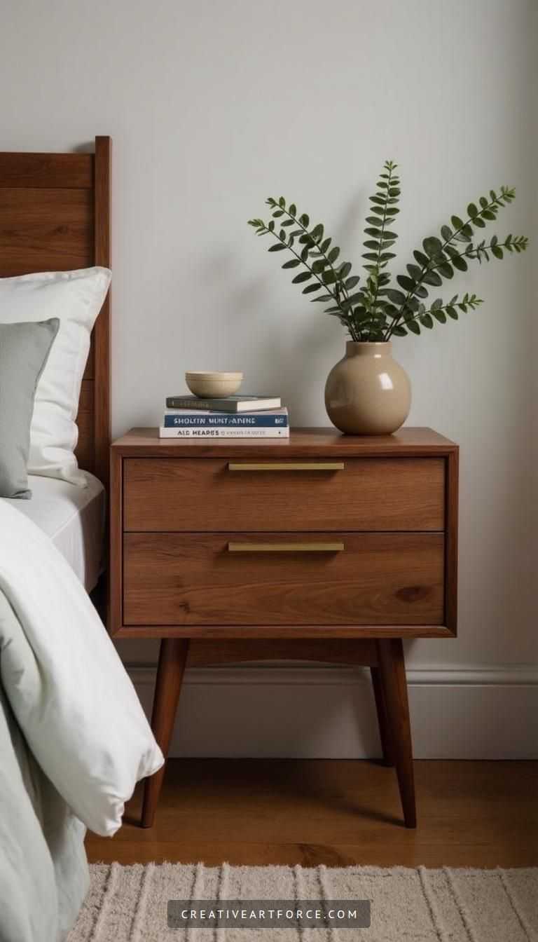 Mid Century Modern Nightstand with Walnut and Brass Accents