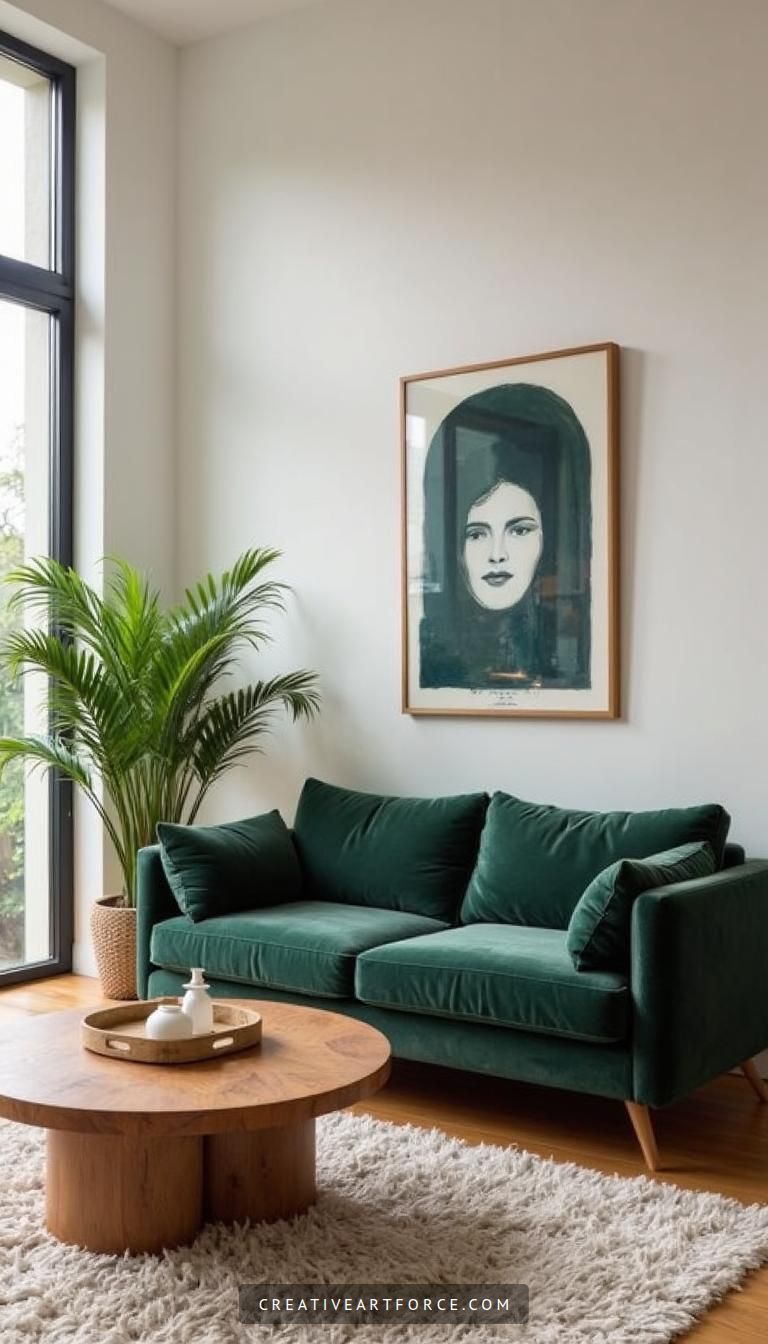 Stylish living room with walnut and velvet decor