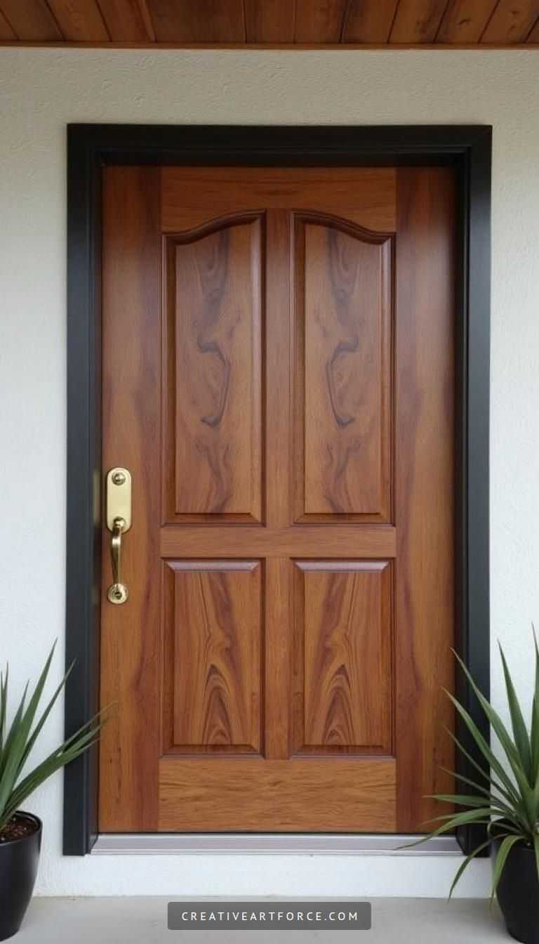 Elegant walnut front door with succulent accents