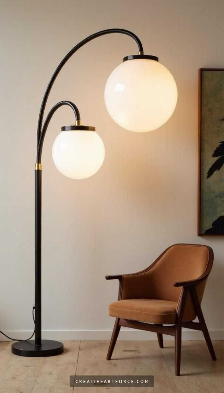 Sculptural lighting and wood accents