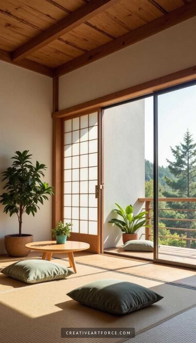 Tranquil Japanese Living Room with Tatami Mats and Minimalist Design
