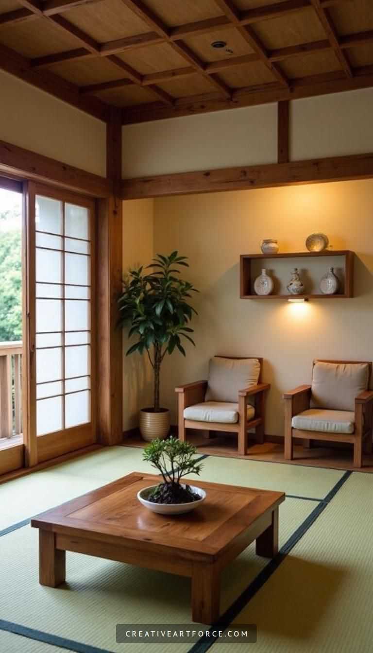 Serene Japanese Living Room with Tatami Mats and Zen Decor