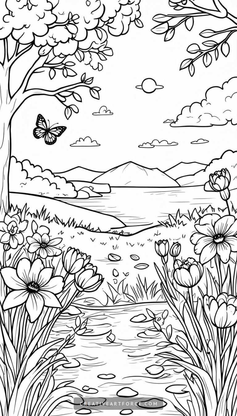 Spring-Themed Coloring Book Image