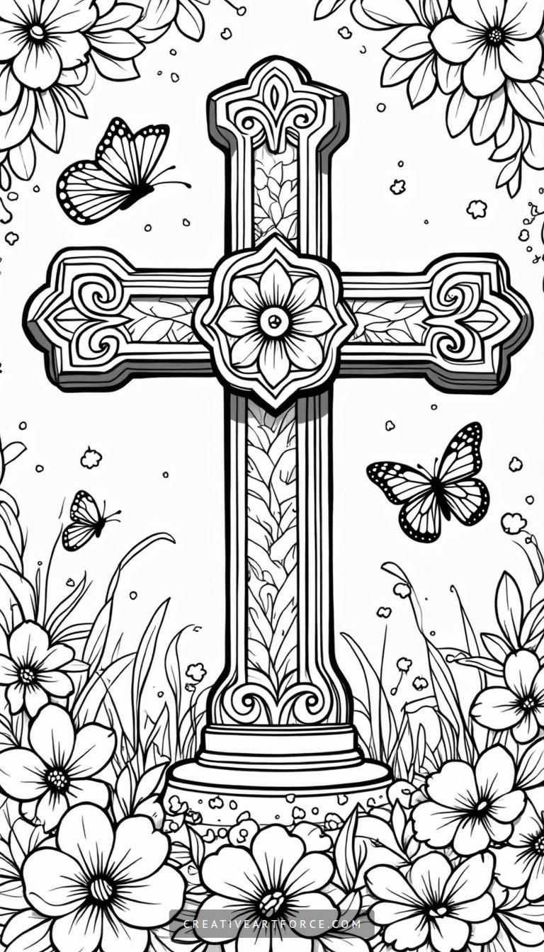 Easter Cross Coloring Page with Flowers and Butterflies