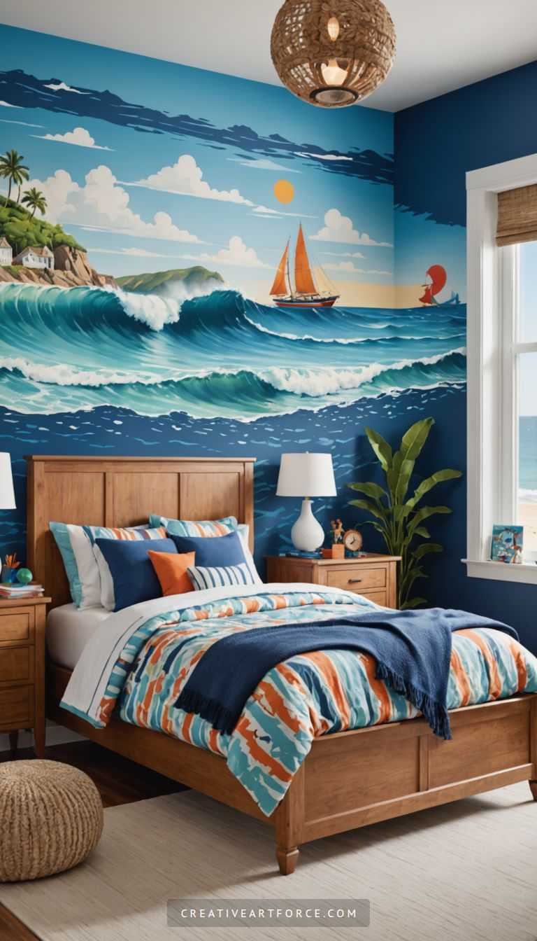 Kids bedroom wallpaper featuring bright tropical designs.