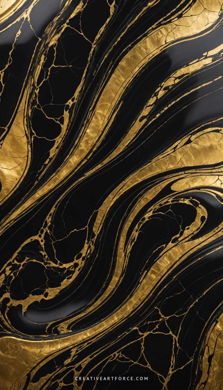 Modern interior featuring ethereal marble waves in a gold and silvery-blue theme