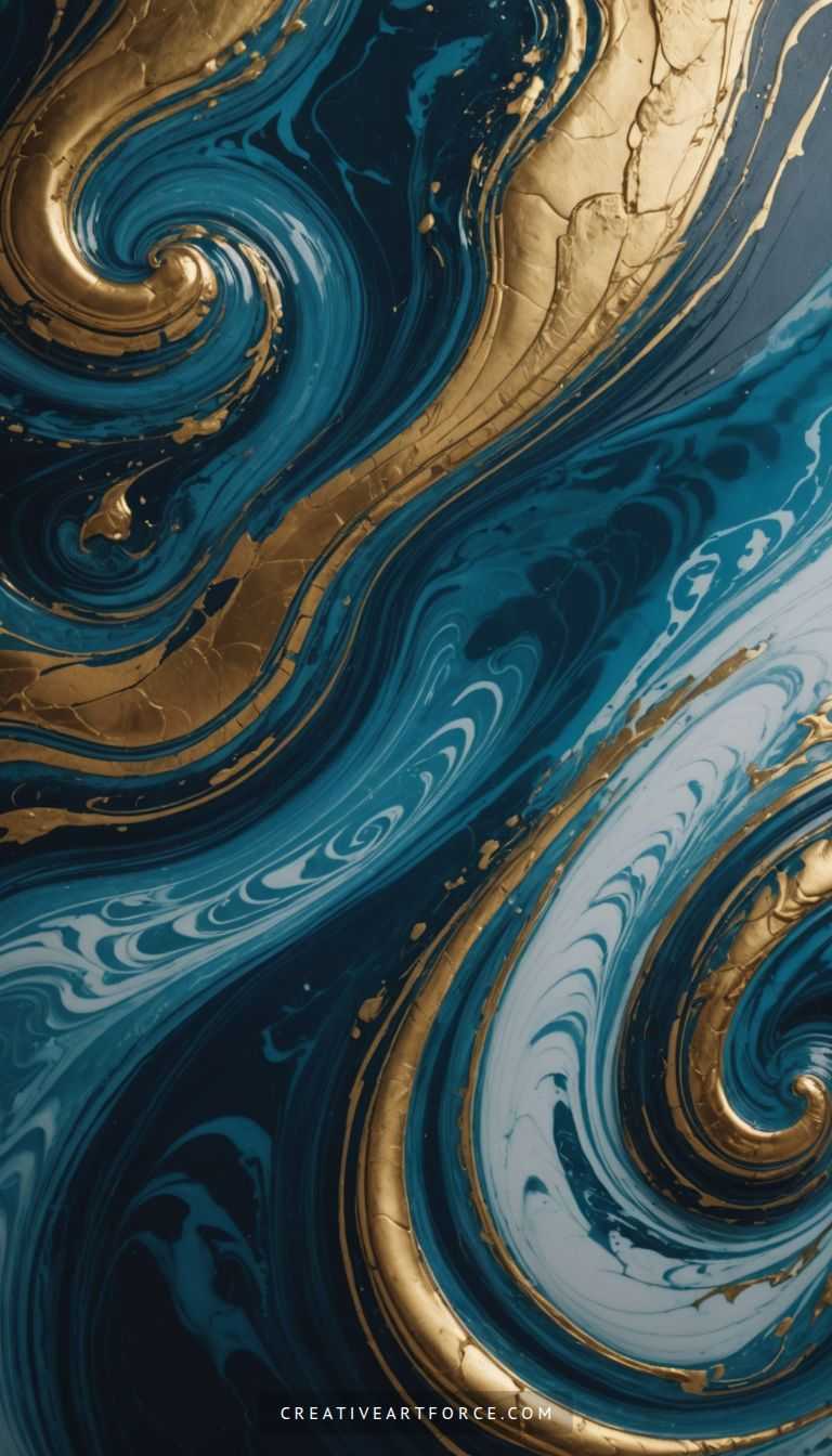 Gold accents enhancing ethereal marble waves in interior decor