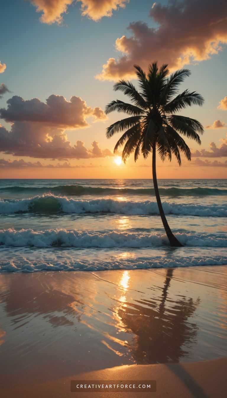Wide-angle 4K beach view with palm trees, white sand and turquoise sea