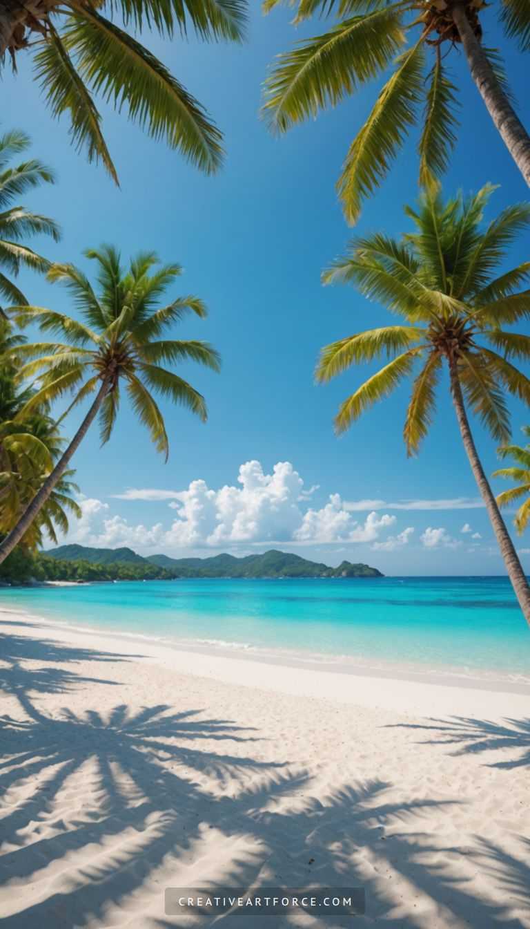 Close-up of tropical palm trees against the clear beachfront and turquoise water