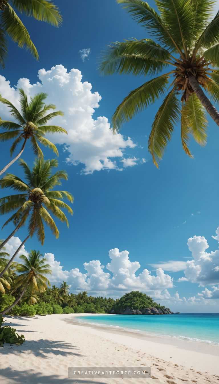 Serene tropical beach landscape featuring white sand, vibrant sea and tall palm trees
