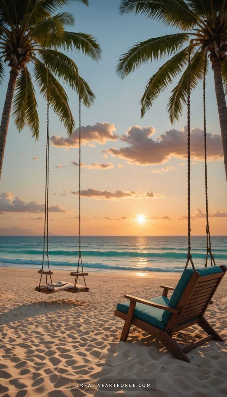 Beautiful 4K beach sunset with palm trees and flying birds