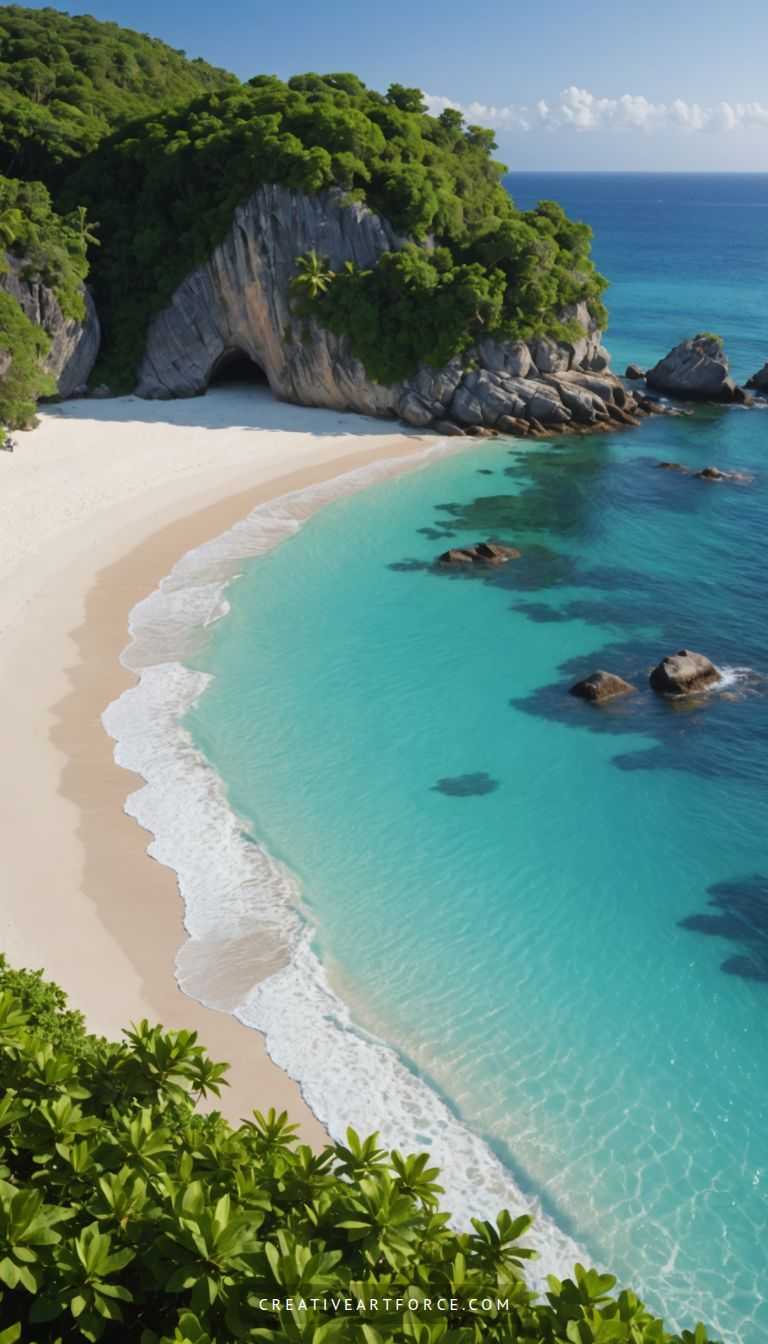 Serene beach scene with sunset, palm trees, and flying birds