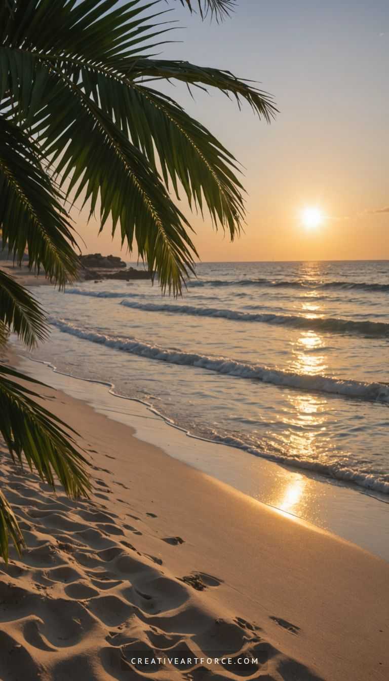 Calm beach sunset with flying birds and palm trees