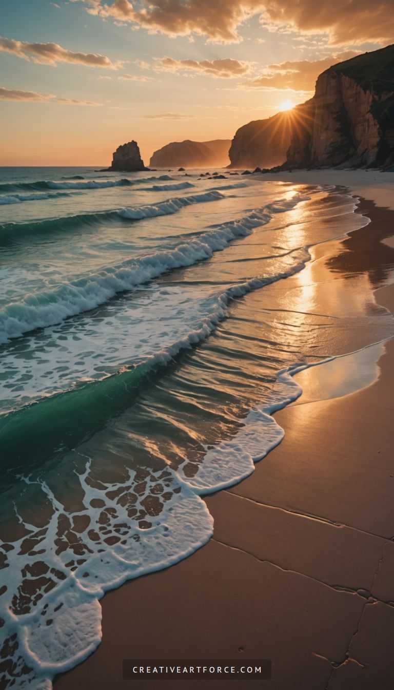 Serene 4K beach scene with golden sunlight reflecting on calm ocean waters