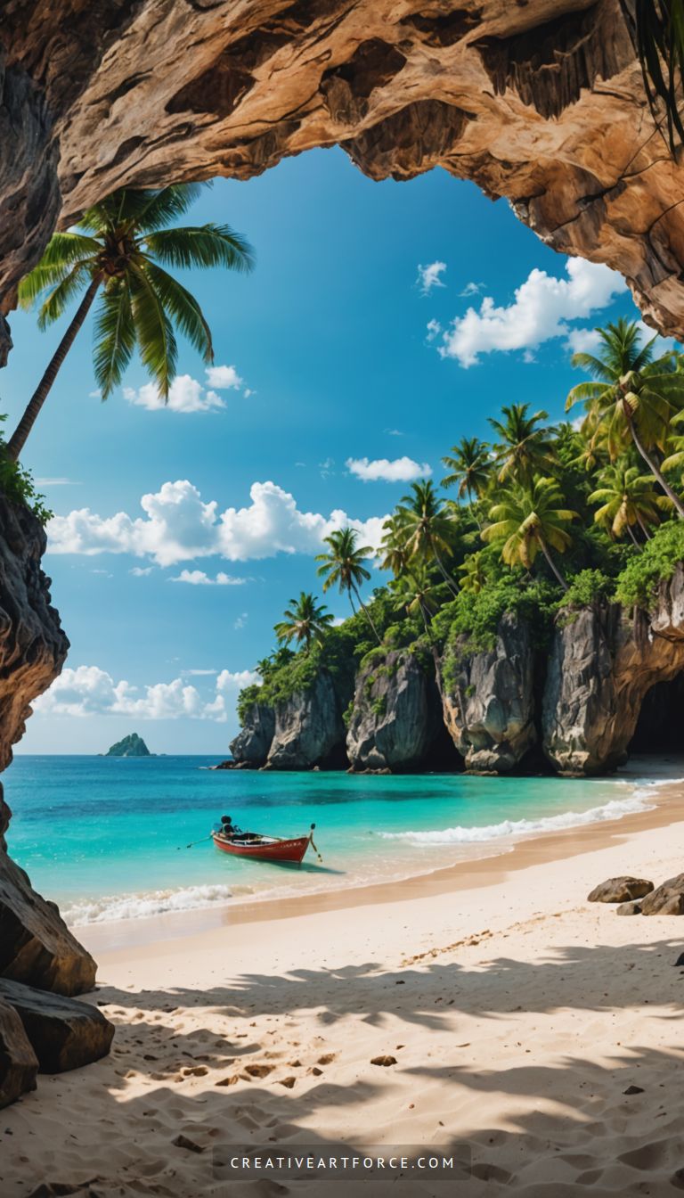 Mountain silhouettes against a vibrant sunset over the ocean in a peaceful scene