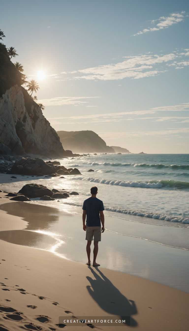 Dawn at a tranquil beach scene with mountain silhouettes and radiant sunlight