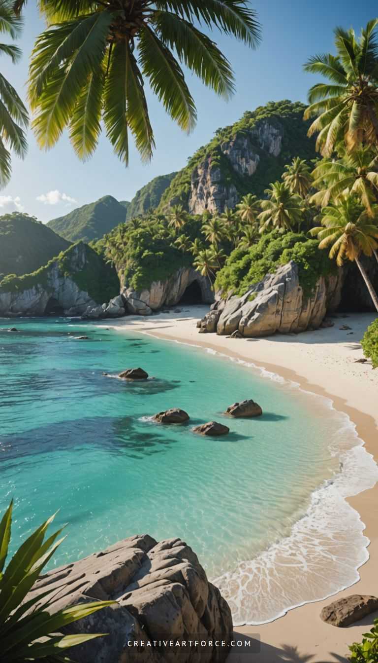 Peaceful beach alternating shadows and glowing sunlight with mountain backdrop