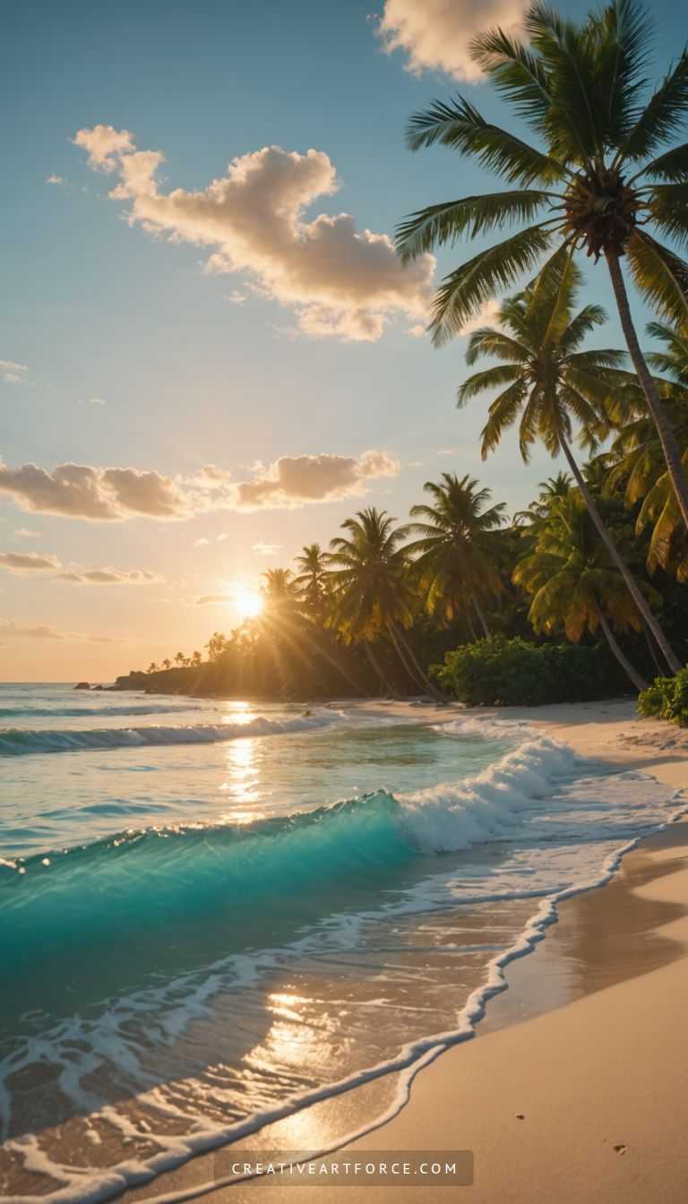 Mountains and ocean scene in warm golden sunlight, peaceful and inspiring