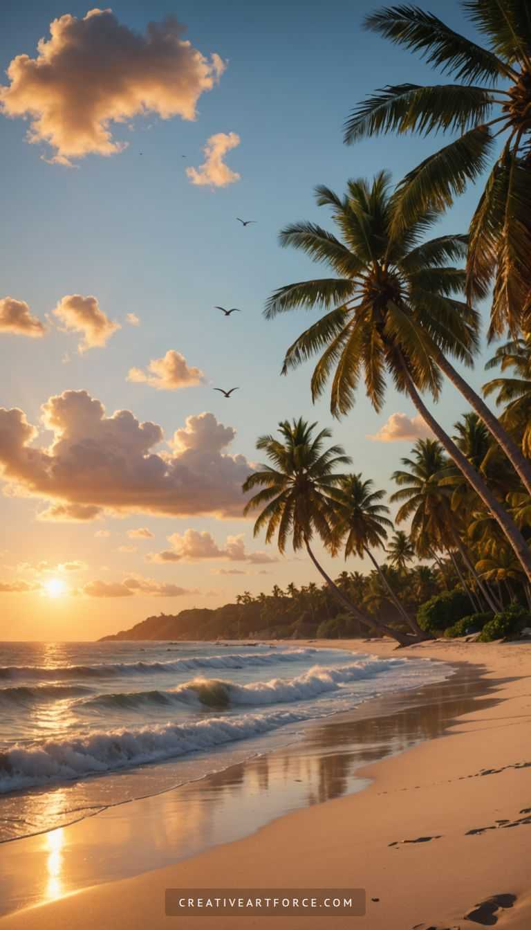 Dusk at a calm beach with mountain silhouettes and soothing sunlight