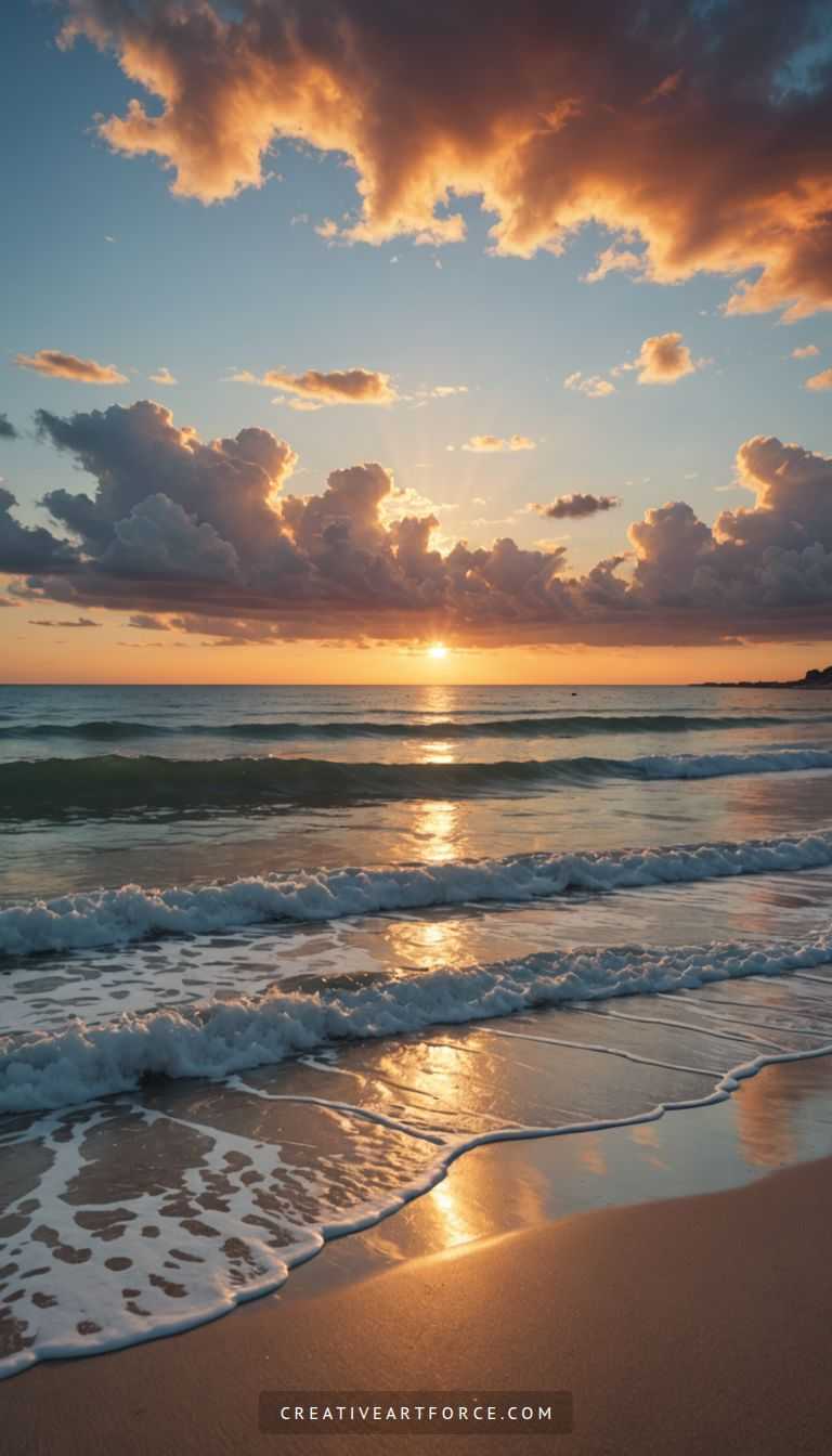 Gentle waves and mountain silhouettes bathed in warm sunlight