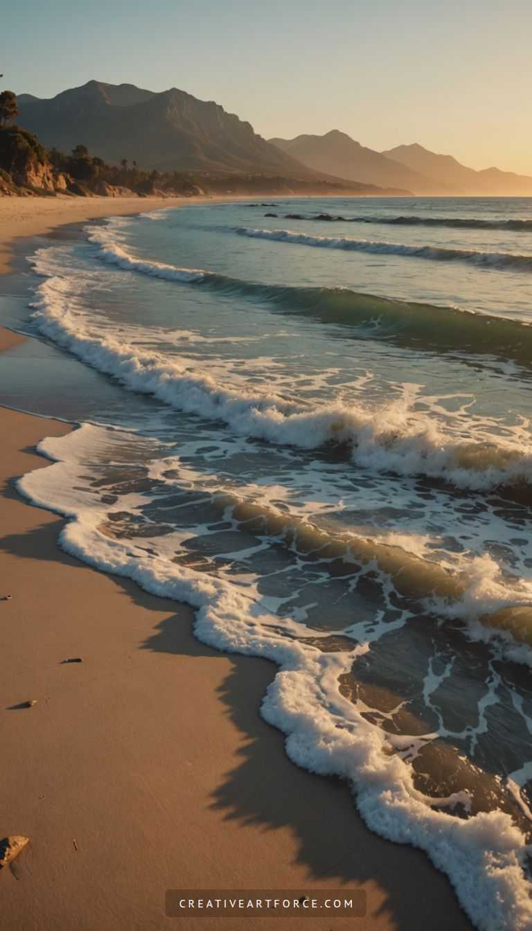 Peaceful ocean view with distant mountains and golden sunlight, inspiring calm