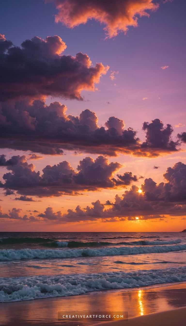 Serene tropical beach sunset with golden light and palm tree reflections in 4K quality
