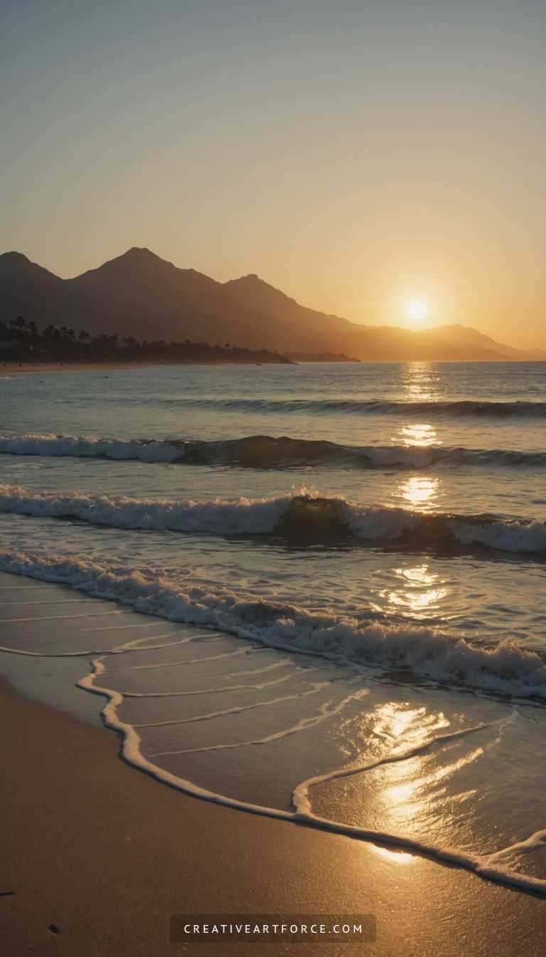 Golden light illuminating tropical beach and palm tree reflections at sunset in 4K