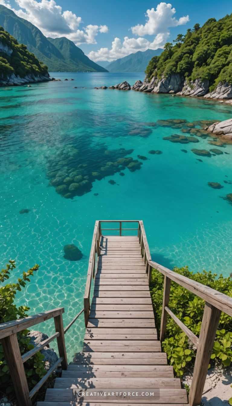 Palm trees reflected on calm tropical beach waters during a golden sunset in 4K