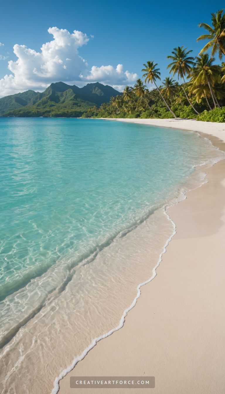 High-resolution 4K view of tropical beach at sunset with golden light and palm tree reflections