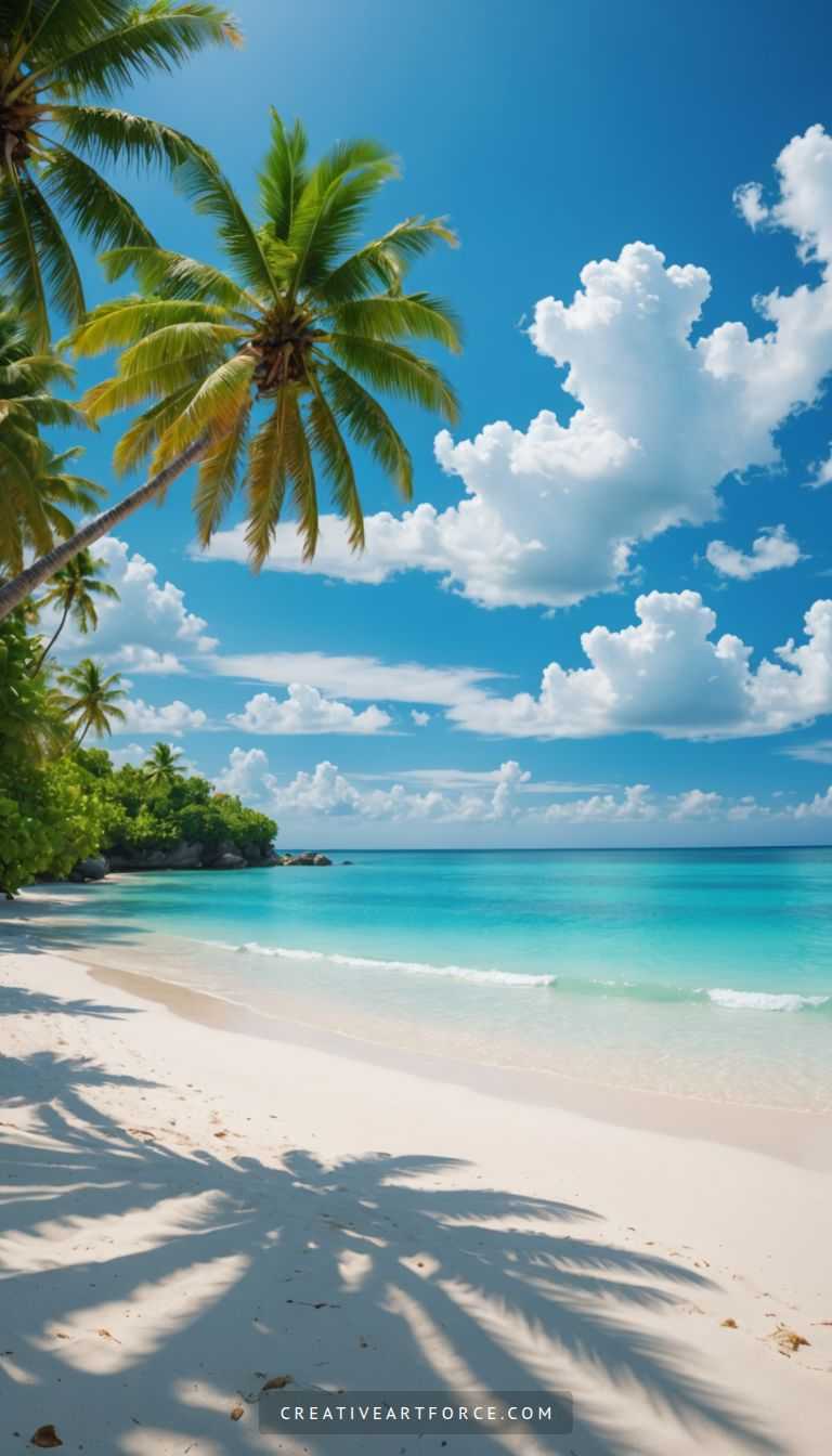 Sunset illuminating turquoise waves and swaying palm trees on tropical beach