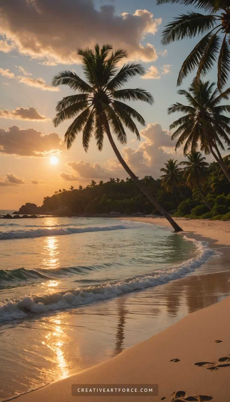 Golden sunset reflecting on turquoise ocean waves with palm trees in foreground