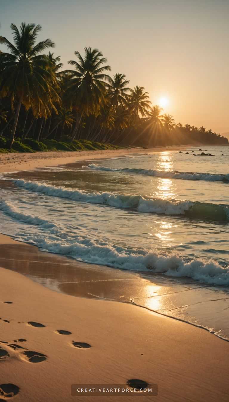 Vibrant tropical beach sunset with deep turquoise waves and silhouetted palm trees