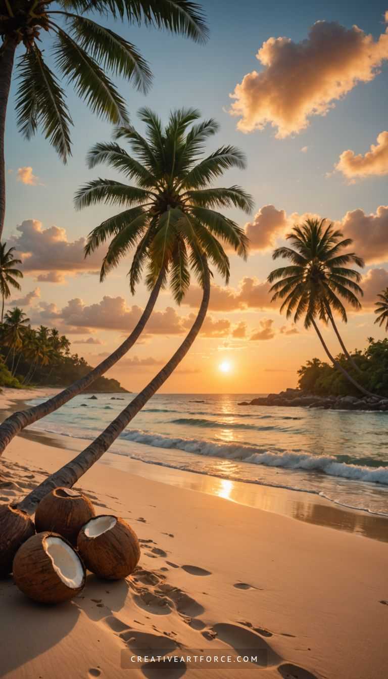 Calming view of turquoise waves and palm trees under a colorful 4K beach sunset