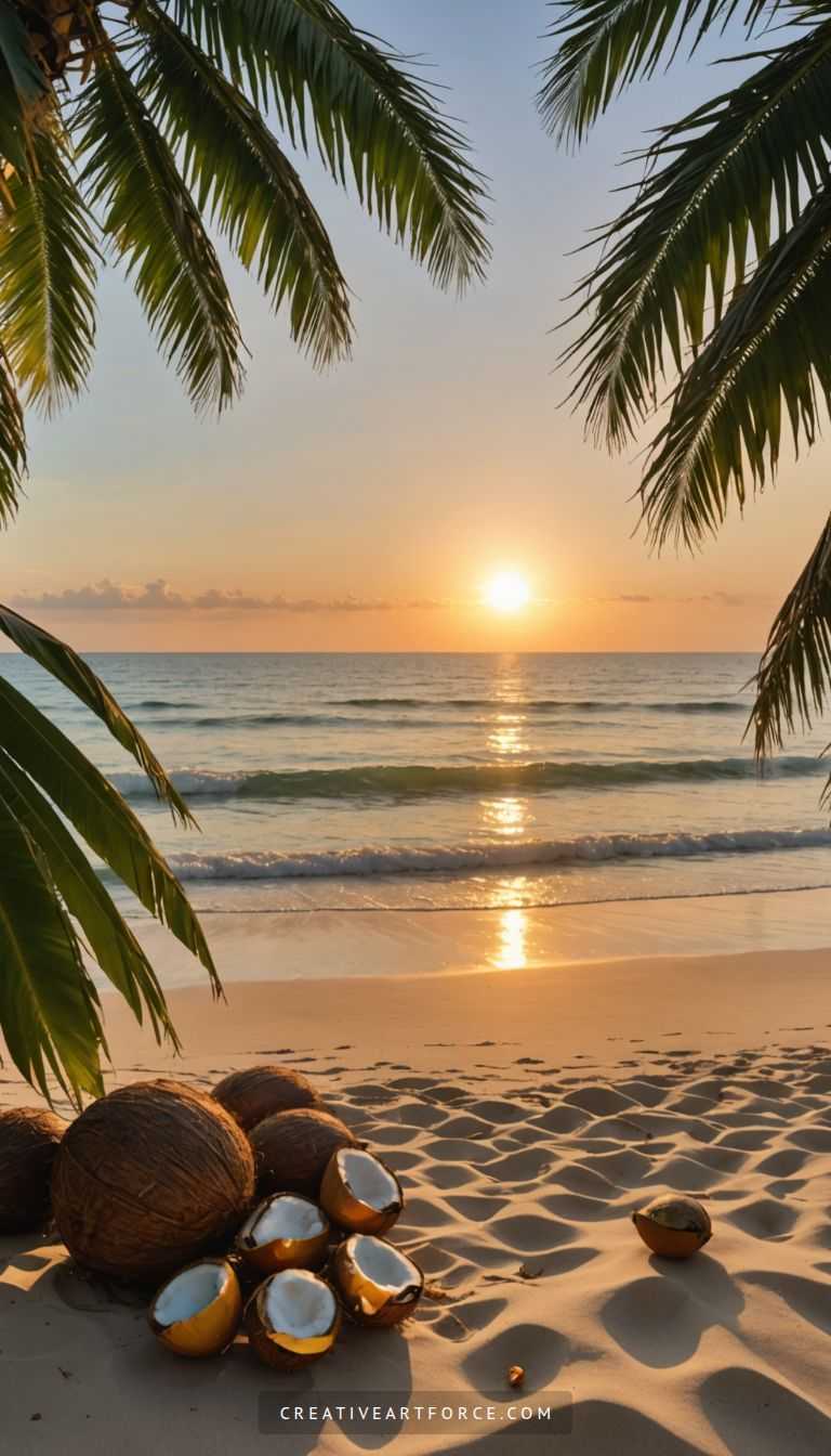 Peaceful beach scene at twilight with turquoise water and palm tree silhouettes