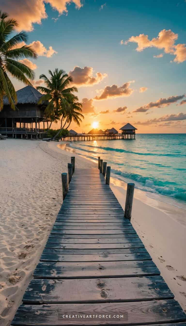 Turquoise ocean waves curling near palm tree lined tropical beach at sunset